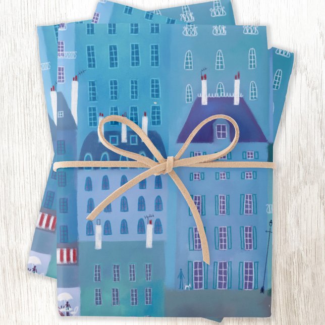 Paris Blues Cityscape Painting Frankreich Geschenkpapier Set (Paris France pattern gift wrapping paper )