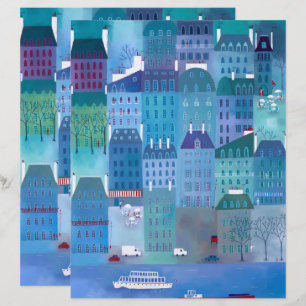 Paris Blues Cityscape Painting Scrapbook Paper