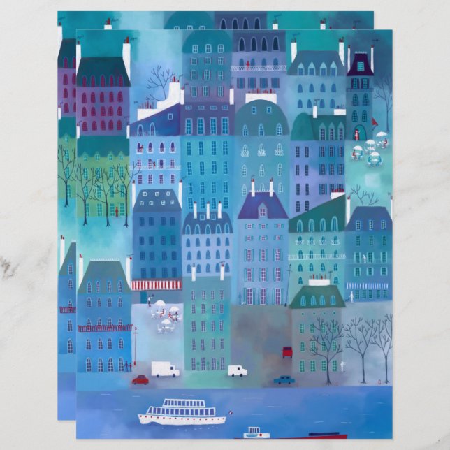 Paris Blues Cityscape Painting Scrapbook Paper (Vorne/Hinten)