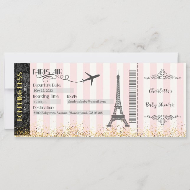 Paris Boarding Pass Einladung, Baby, Bridal Einladung (Vorderseite)