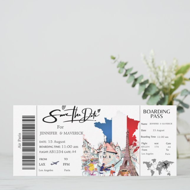 Paris Boarding Pass Save the Date Ticket Einladung (Stehend Vorderseite)
