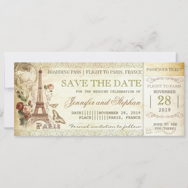 Paris Boarding Pass Tickets Save the Date (Vorderseite)