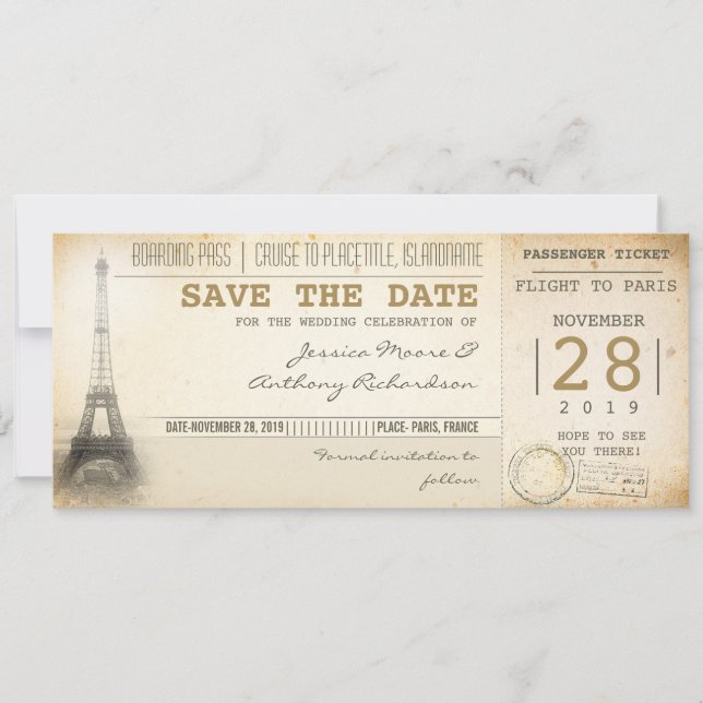 Paris Bordkartentickets zum Speichern des Datums Save The Date (Vorderseite)