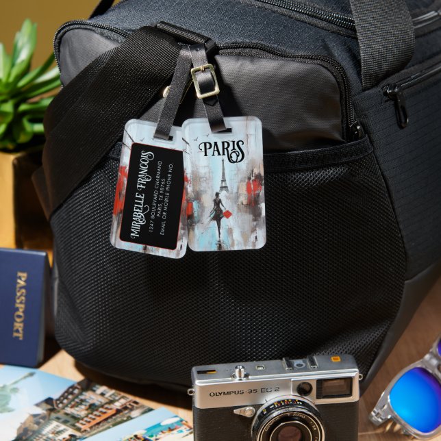 Paris Bound Woman in Schwarz Gepäckanhänger (Vorderseite & Rückseite)