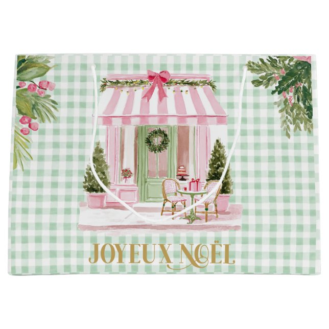 Paris Café & Green Gingham Joyeux Noël Große Geschenktüte (Vorderseite)