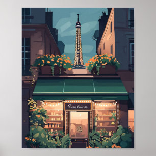 Paris Café Scene Poster - Charming Flat Vector