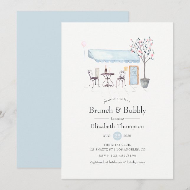 Paris Café Watercolor Brunch und Bubbly Einladung (Vorne/Hinten)