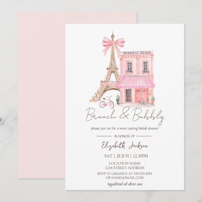 Paris Cafe Watercolor Pink  Brunch and Bubbly Einladung (Vorne/Hinten)