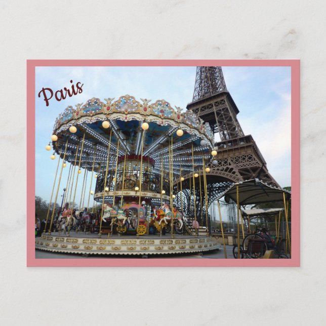 Paris Carousel (& Eiffelturm) mit Text Postkarte (Vorderseite)