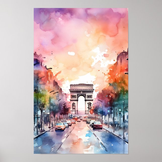 Paris Champ Elysees Watercolor Wand an Wand Poster (Vorne)