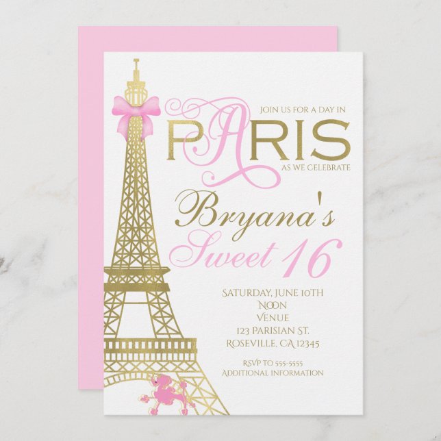 Paris Chic Elegante Rosa und Gold Party Einladunge Einladung (Vorne/Hinten)