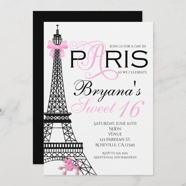 Paris Chic Elegante Rosa und Schwarze Party Einlad Einladung (Vorne/Hinten)