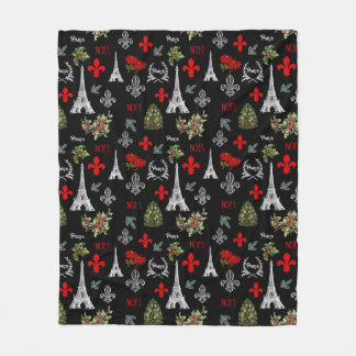 Paris Christmas Eiffel Tower Black Fleece Blanket