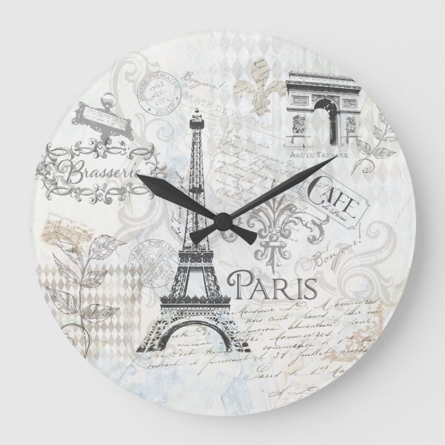 Paris Collage Art Clock Große Wanduhr (Vorderseite)