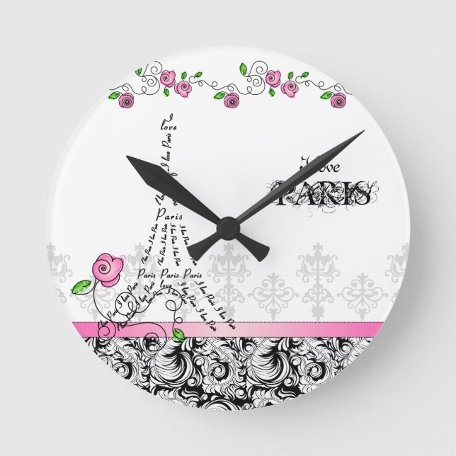 Paris Custom Clock Pink Roses Runde Wanduhr (Vorderseite)