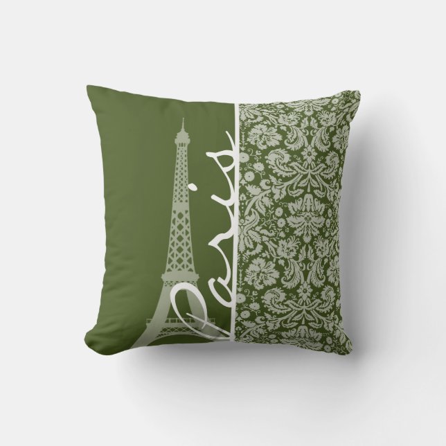 Paris; Dunkle Moss Green Damask Kissen (Vorderseite)