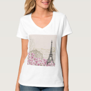 Paris Eifel Tower Square Vintag Pink Roses Art T-Shirt