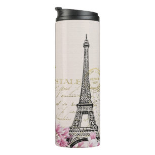 Paris Eifel Tower Square Vintag Pink Roses Art Thermosbecher