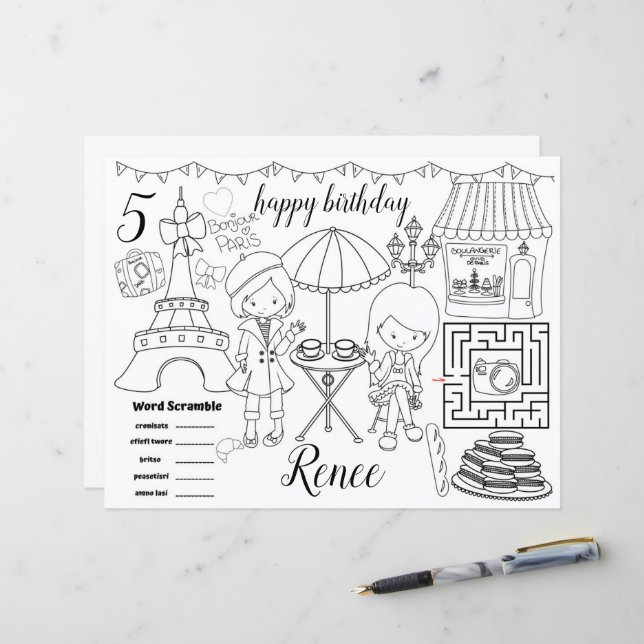 Paris Eiffel activity color sheet placemats (Vorderseite/Rückseite Beispiel)