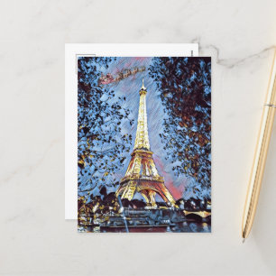 Paris Eiffel Impressionist Blue Santa Christmas Feiertagspostkarte