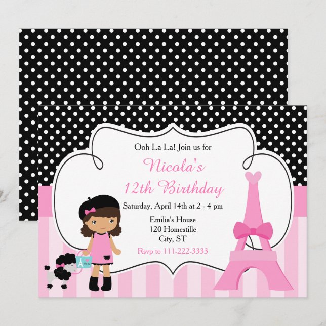 Paris Eiffel Tower African American Girl Party Einladung (Vorne/Hinten)