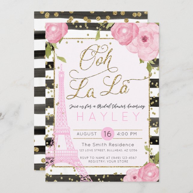 Paris Eiffel Tower Black Gold Brautparty Einladung (Vorne/Hinten)