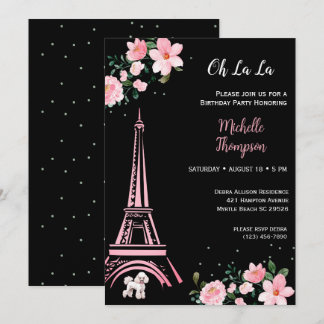 Paris Eiffel Tower Black und Pink Floral Geburtsta Einladung