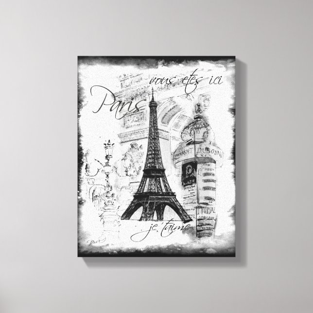 Paris Eiffel Tower Black & White Collage Szene Leinwanddruck (Vorderseite)