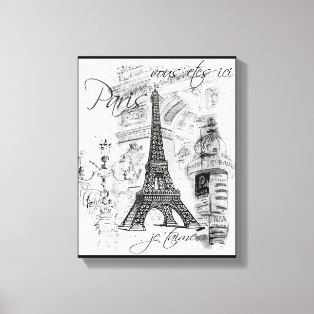 Paris Eiffel Tower Black & White Collage Szene Leinwanddruck (Vorderseite)