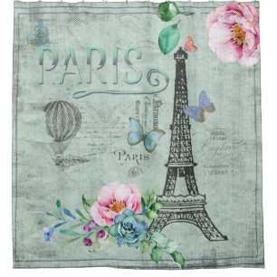 Paris-Eiffel Tower-Blume-Floral-Vintag-Rose Duschvorhang