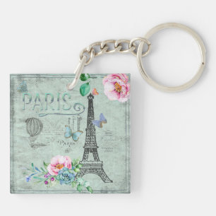 Paris-Eiffel Tower-Blume-Floral-Vintag-Rose Schlüsselanhänger