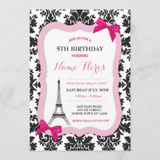 Paris Eiffel Tower Bow Damask Geburtstag Einladung