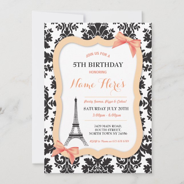 Paris Eiffel Tower Bow Peach Birthday Invite Einladung (Vorderseite)