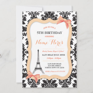 Paris Eiffel Tower Bow Peach Birthday Invite Einladung