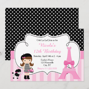 Paris Eiffel Tower Brünett Girl Birthday Party Einladung