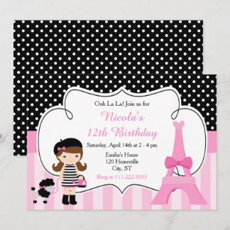 Paris Eiffel Tower Brünett Girl Birthday Party Einladung