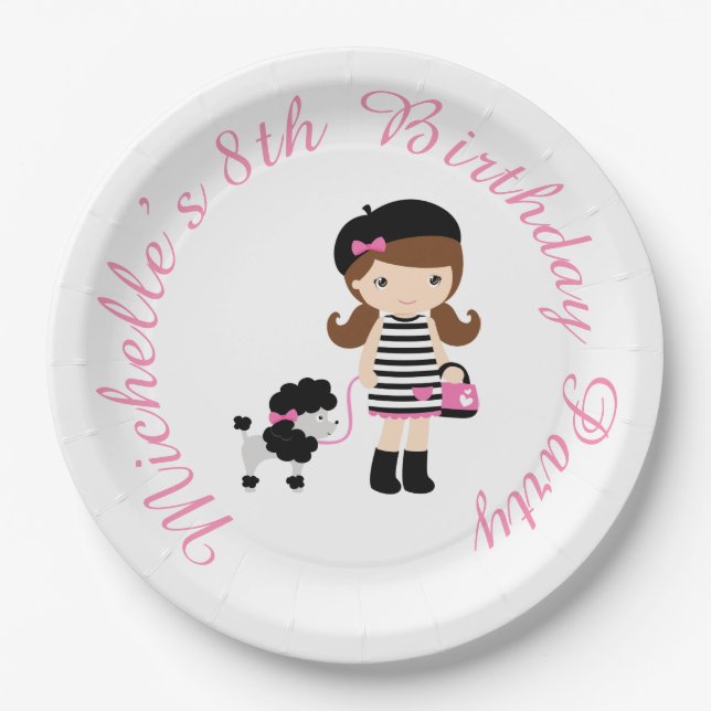 Paris Eiffel Tower Brünett Girl Pappteller (Vorderseite)