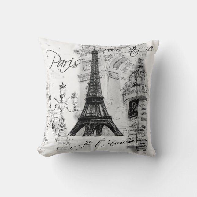 Paris Eiffel Tower Collage Black & White Kissen (Vorderseite)