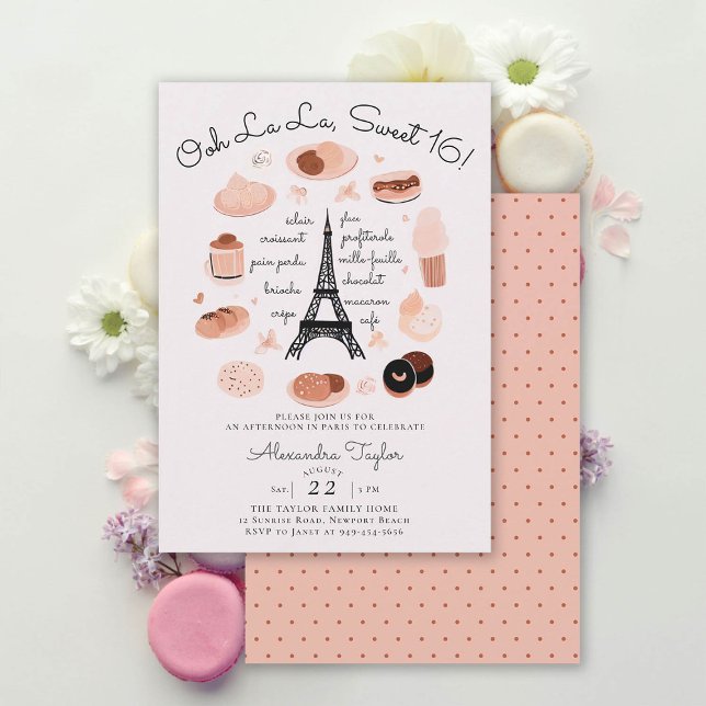 Paris Eiffel Tower Desserts Rosa Blush Sweet 16 Einladung (paris sweet 16 invitations eiffel tower french desert dessert croissant eclair unique original girly)