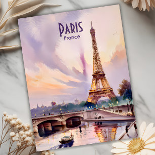 Paris Eiffel Tower France Sunset Watercolor Travel Postkarte