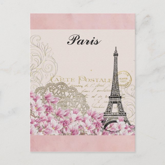 Paris Eiffel Tower Frankreich Vintage rosa Blume Postkarte (Vorderseite)