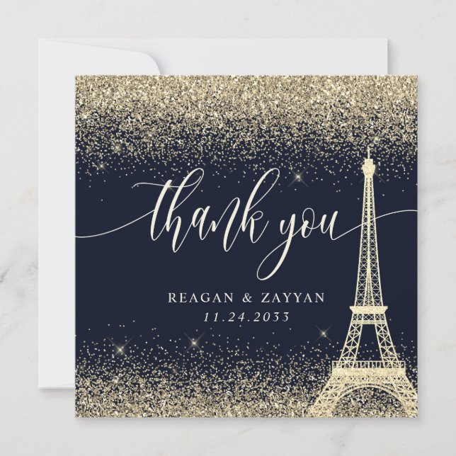 Paris Eiffel Tower Gold Glitzer Wedding Dankeskarte (Vorderseite)