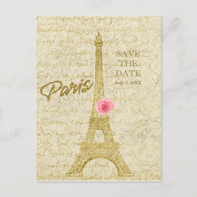 Paris Eiffel Tower Gold & Pink SAVE THE DATE Ankündigungspostkarte (Vorderseite)
