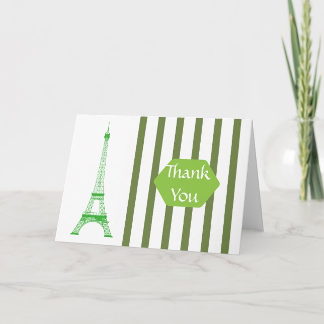 Paris Eiffel Tower Green Stripes Vielen Dank Dankeskarte (Vorderseite)