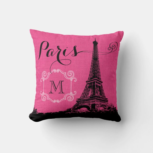 Paris Eiffel Tower Hot Pink Monogram Kissen (Vorderseite)