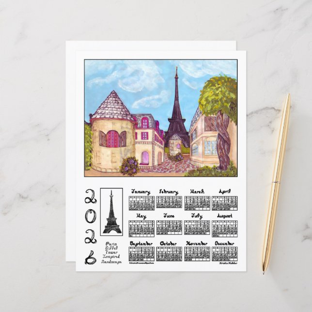 Paris Eiffel Tower Landscape 2026 Calendar Paper (Vorderseite/Rückseite Beispiel)