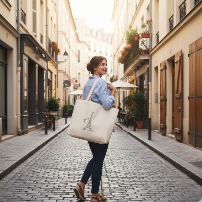 Paris Eiffel Tower Line Art Heart Tote Bag Jumbo Stoffbeutel (Von Creator hochgeladen)