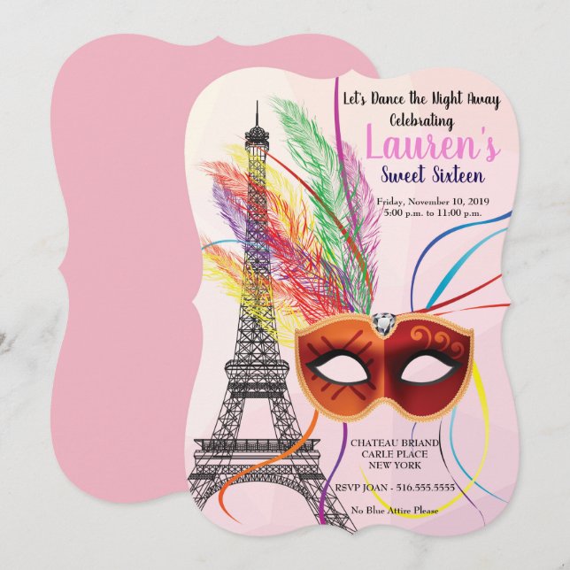 Paris Eiffel Tower Masquerade Sweet 16 Einladung (Vorne/Hinten)