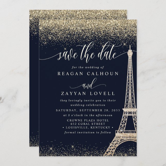 Paris Eiffel Tower Navy Gold Save the Date Card (Vorne/Hinten)