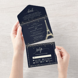 Paris Eiffel Tower Navy Gold Sparkle Wedding All I In One Einladung